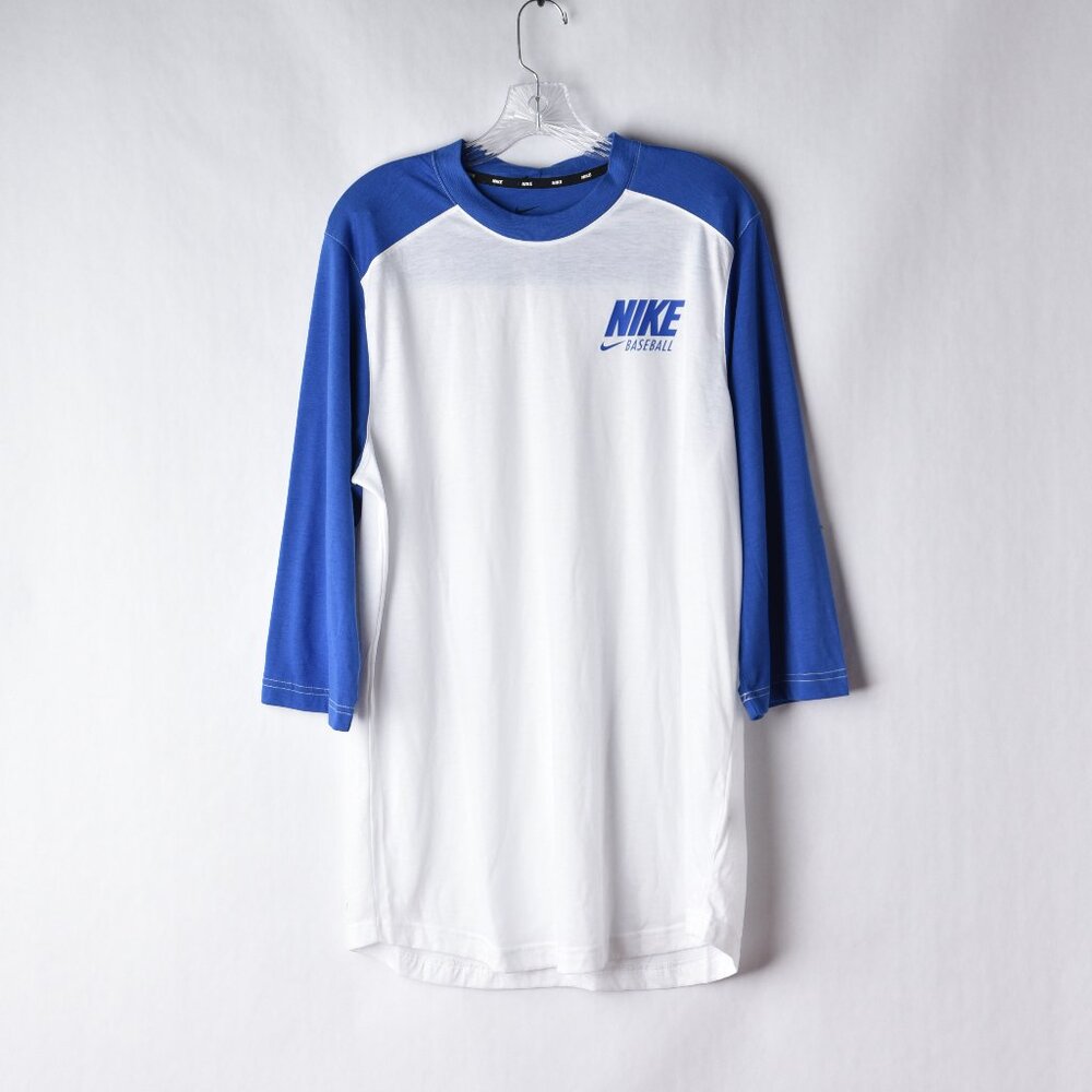 Nike Mens Medium White Blue Baseball Dri-Fit 3/4 Sleeve Shirt NWT